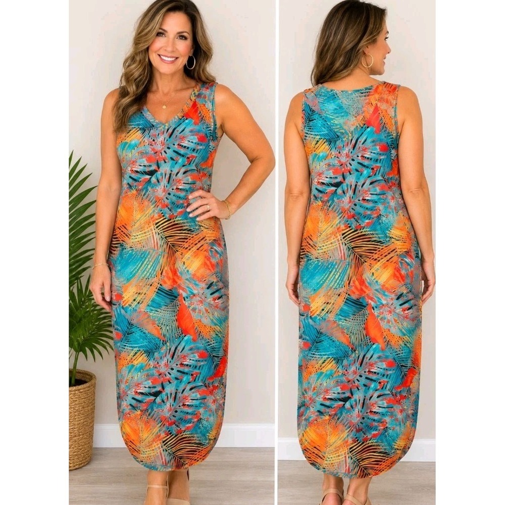 Sampeel Tropical Maxi Sun Dress Large V Neck Side Pockets Teal Orange Sleeveless